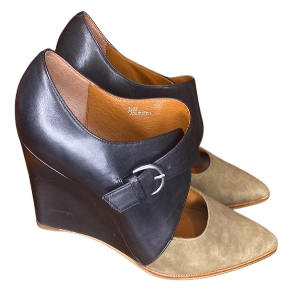 Paolo Shoes - Linea Paolo Faith Two Tone Black leather Olive Green Suede Wedge shoe Size 11